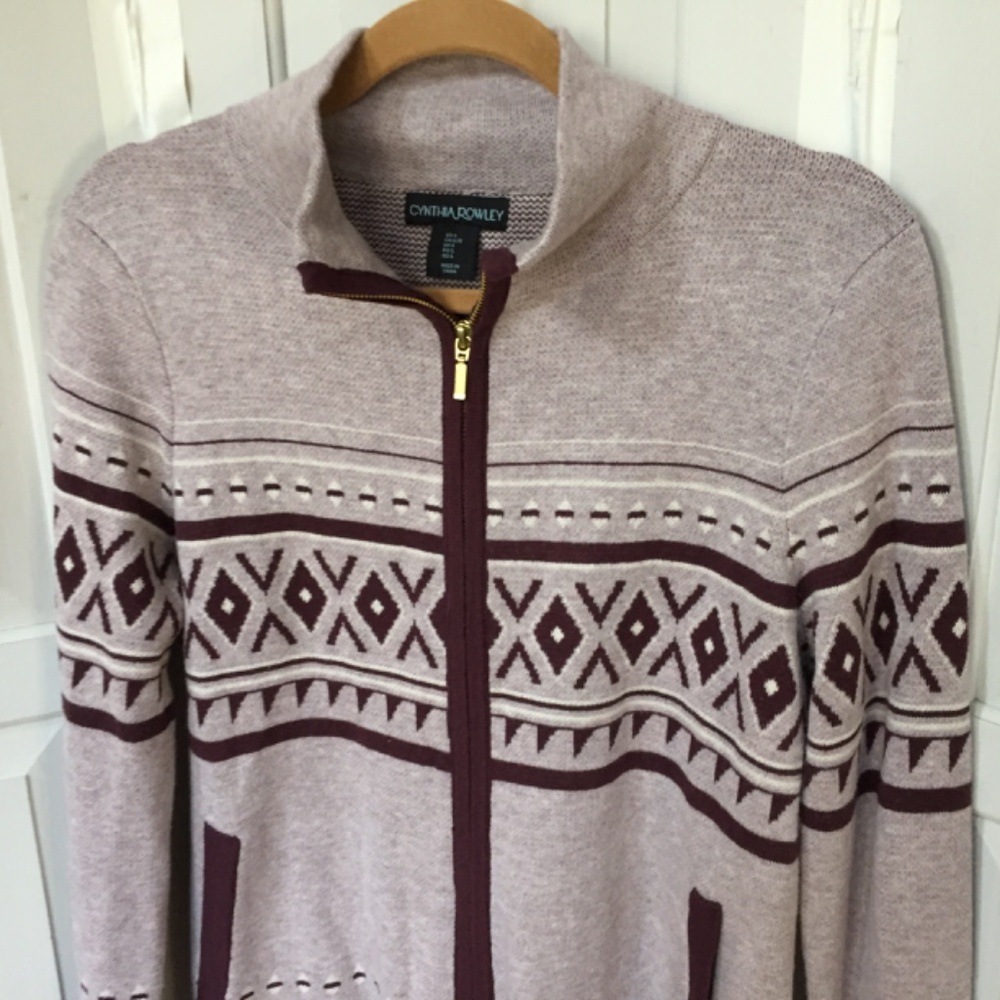 Cynthia Rowley Burgundy Geometric Patterned Full Zip Sweater - Picture 10 of 16